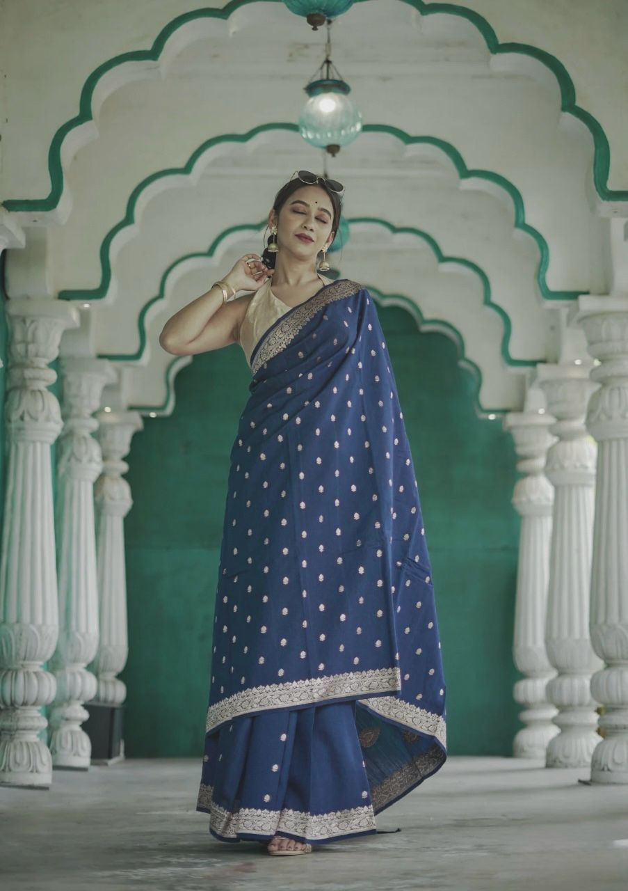 ARRESTING BLUE SOFT COTTON SILK SAREE WITH BLOUSE PIECE