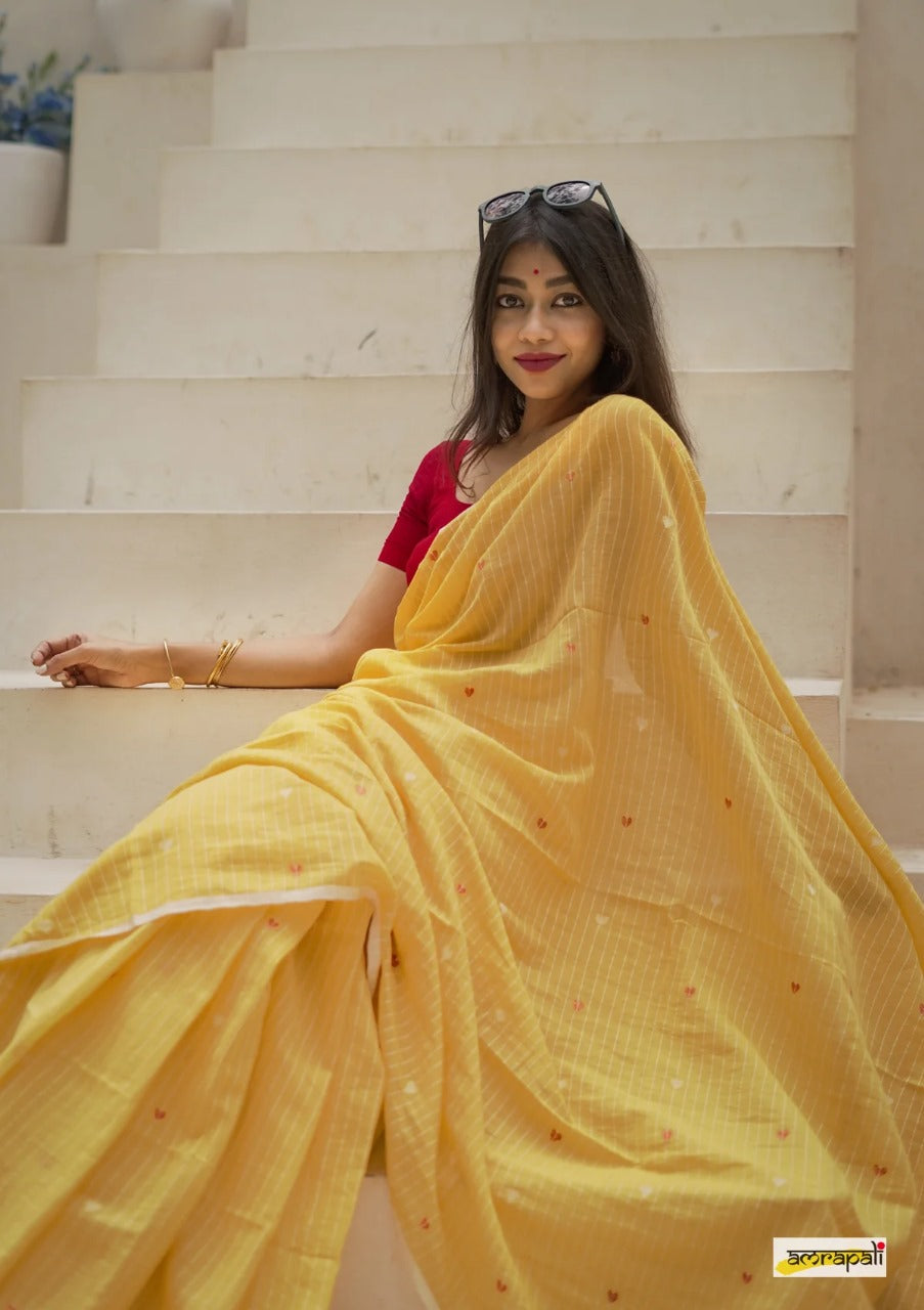 SOFT LINEN YELLOW COLOR DESIGNER SAREE WITH BLOUSE PIECE
