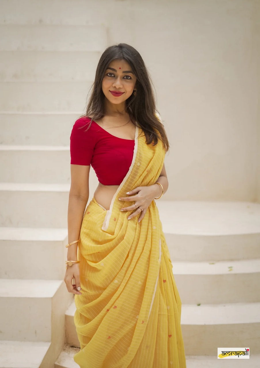 SOFT LINEN YELLOW COLOR DESIGNER SAREE WITH BLOUSE PIECE