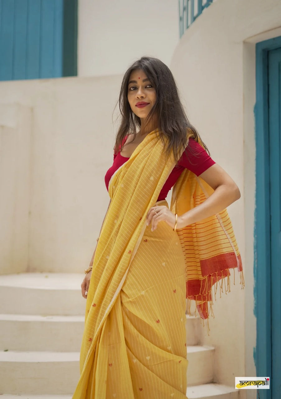 SOFT LINEN YELLOW COLOR DESIGNER SAREE WITH BLOUSE PIECE