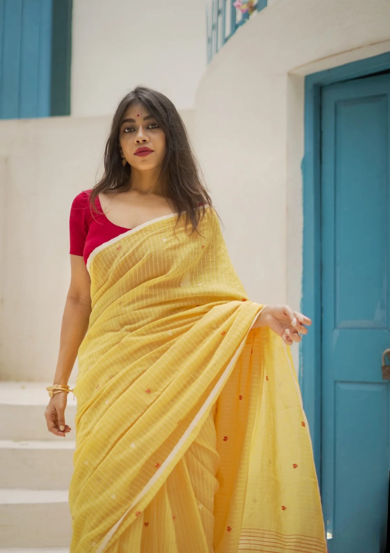 SOFT LINEN YELLOW COLOR DESIGNER SAREE WITH BLOUSE PIECE