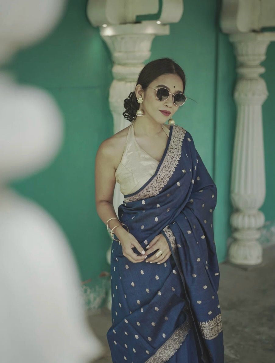 ARRESTING BLUE SOFT COTTON SILK SAREE WITH BLOUSE PIECE