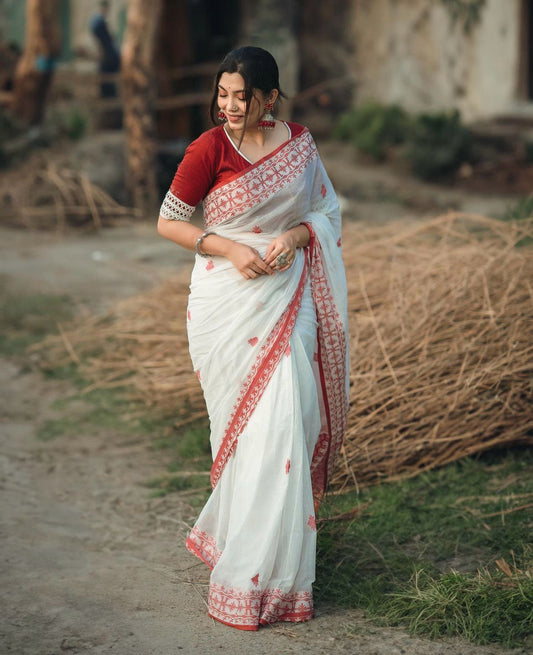 GLAMING SOFT LINEN COTTON SILK  DESIGNER SAREE