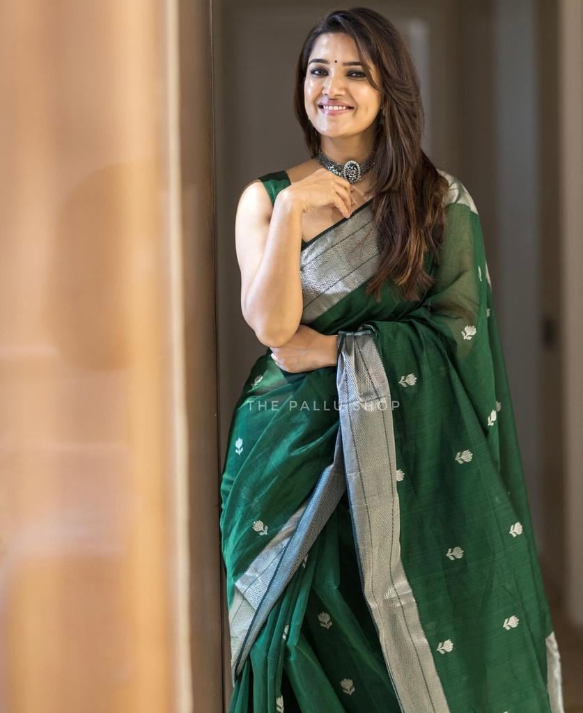 GLAMING SOFT LINEN COTTON SILK  DESIGNER SAREE