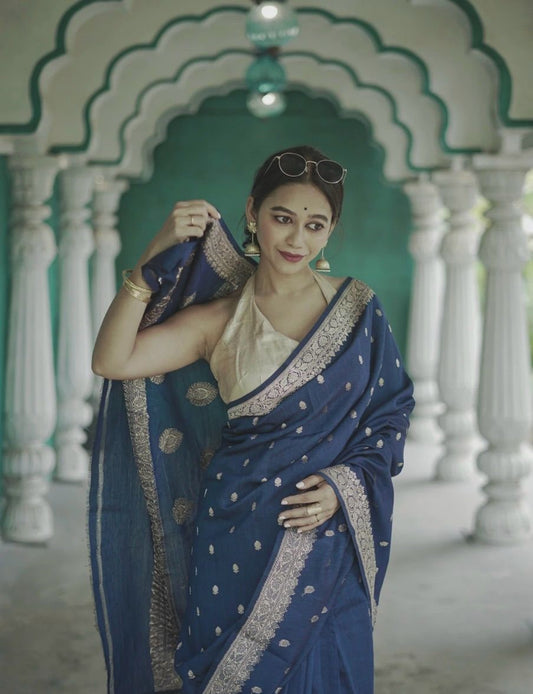 ARRESTING BLUE SOFT COTTON SILK SAREE WITH BLOUSE PIECE