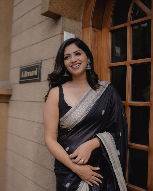 STUNNING BLACK SOFT SILK  DESIGNER SAREE
