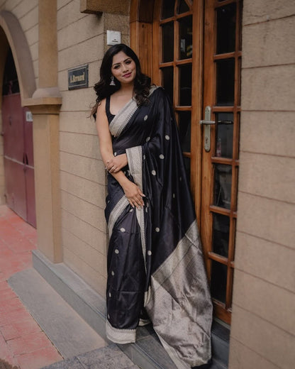 STUNNING BLACK SOFT SILK  DESIGNER SAREE