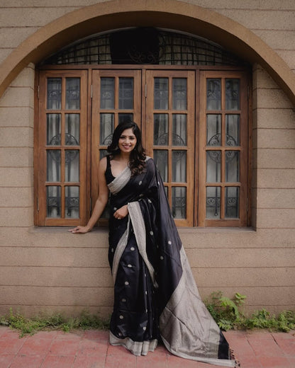 STUNNING BLACK SOFT SILK  DESIGNER SAREE