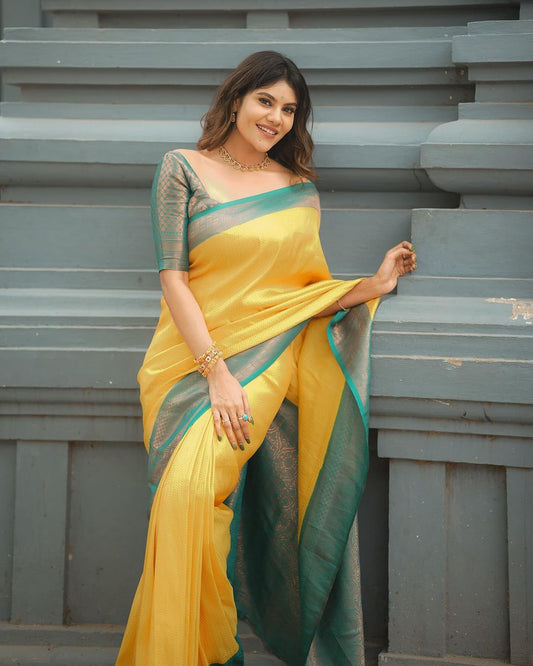 ELISION YELLOW SOFT SILK SAREE WITH BLOUSE PIECE