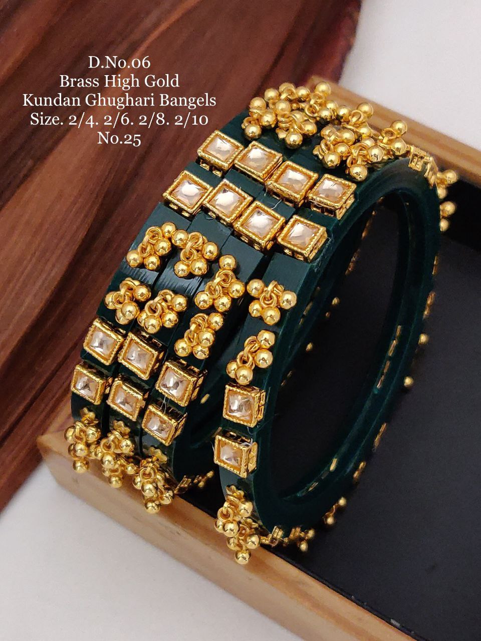 Brass High Gold Kundan Ghughari Green Bangles