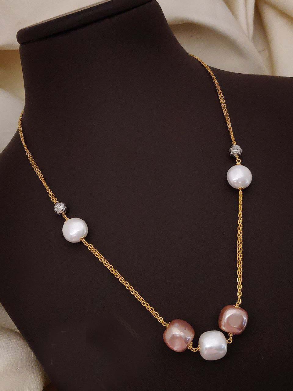 PINK & WHITE COLOR PEARLS GOLDEN EMBELLISHED MALA