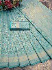 Stunning Sky Blue Soft Silk Saree With Gossamer Blouse Piece