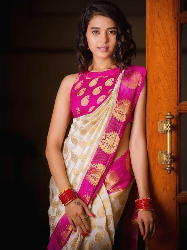 Admirable Creamy Pink Banarasi Silk Saree With Gossamer Blouse Piece