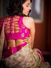 Admirable Creamy Pink Banarasi Silk Saree With Gossamer Blouse Piece