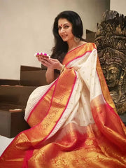 South Style White Banarasi Soft Silk Saree With Gossamer Blouse Piece