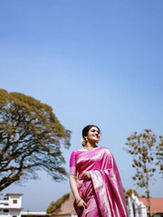 New Arrival Pink Soft Silk Saree With Gossamer Blouse Piece