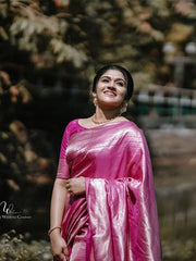 New Arrival Pink Soft Silk Saree With Gossamer Blouse Piece