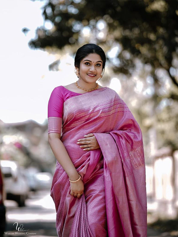 New Arrival Pink Soft Silk Saree With Gossamer Blouse Piece