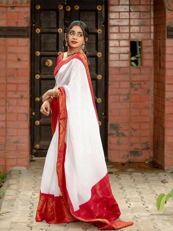 South Special White Banarasi Soft Silk Saree With Gossamer Blouse Piece