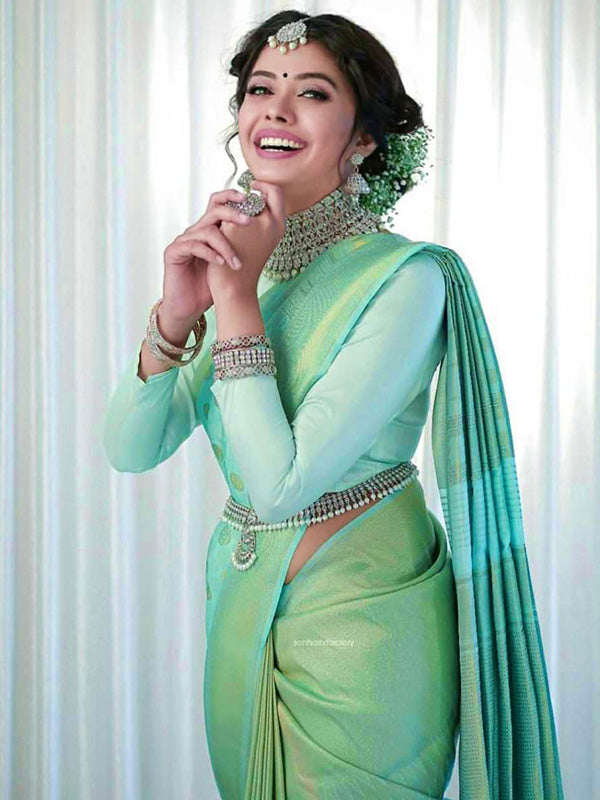 Buy Green Saree In Silk With Woven Bandhani Detail And Unstitched Blouse  Piece