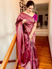 Adhesive Rani Pink Soft Silk Saree With Gossamer Blouse Piece