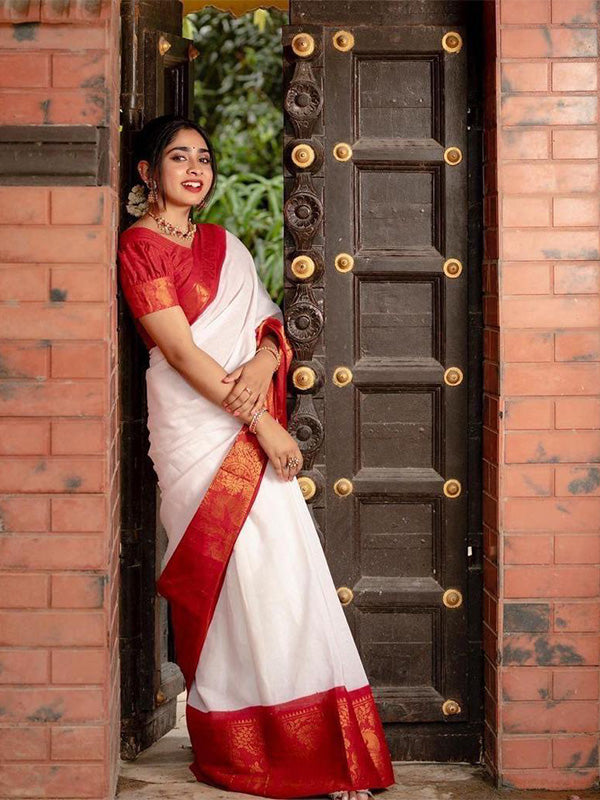 South Special White Banarasi Soft Silk Saree With Gossamer Blouse Piece