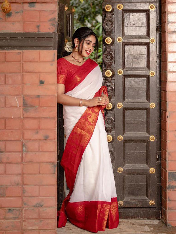 South Special White Banarasi Soft Silk Saree With Gossamer Blouse Piece