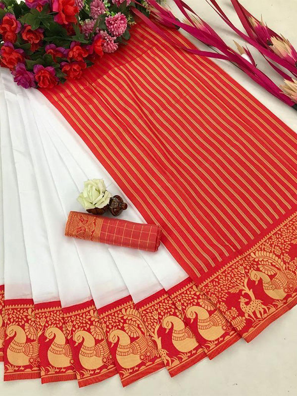 South Special White Banarasi Soft Silk Saree With Gossamer Blouse Piece