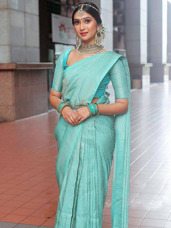 Stunning Sky Blue Soft Silk Saree With Gossamer Blouse Piece