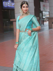 Stunning Sky Blue Soft Silk Saree With Gossamer Blouse Piece