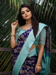 Divine Blue Soft Banarasi Silk Saree With Bewitching Blouse Piece