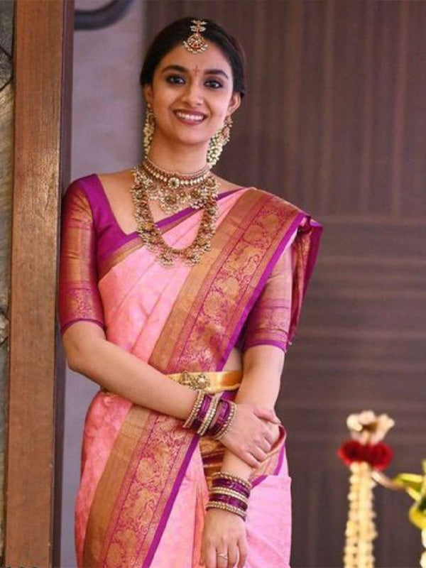 Blooming Pink Soft Silk Saree With Smart Blouse Piece